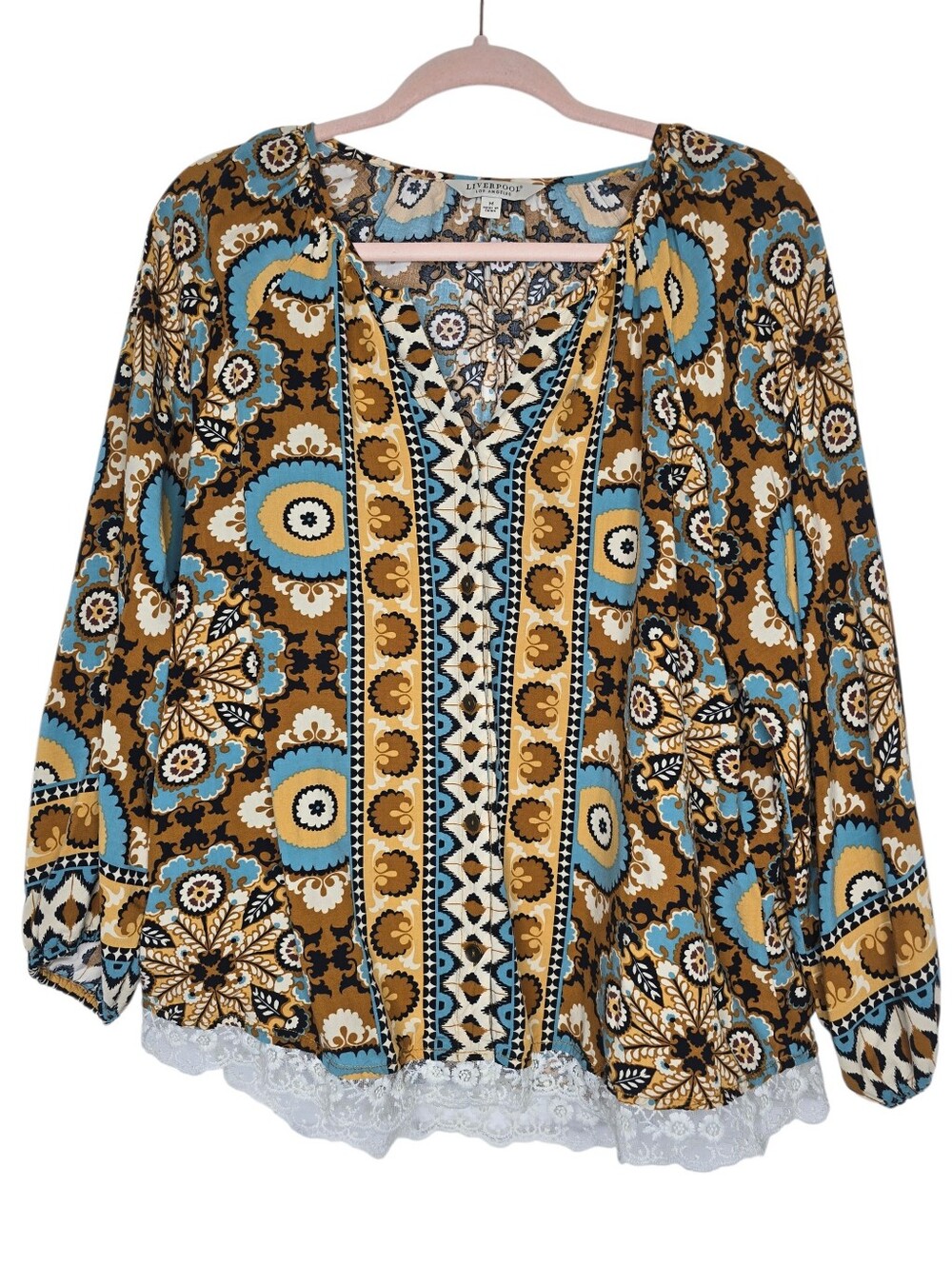 Liverpool Long-sleeve blouse with a "Ocean Jasper" paisley print and lace trim